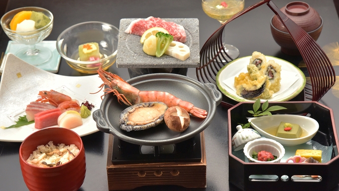 【楽天タイムセール】夏！10％OFF!〜夕食個室食〜「黒毛和牛サーロイン×活きアワビ×大海老」